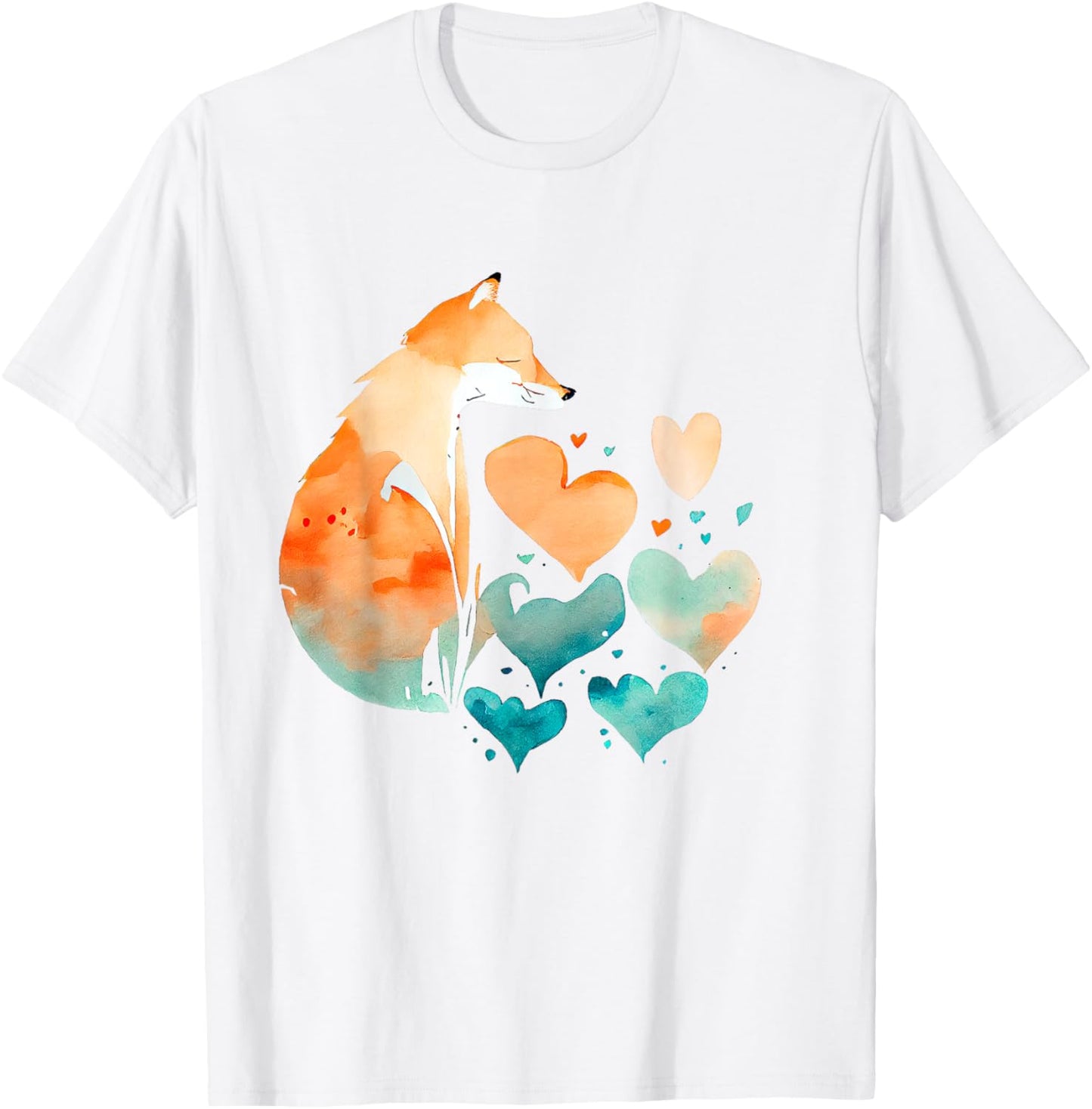 Fox With Hearts Watercolor Abstract Animal Art T-Shirt - T-Shirt | White