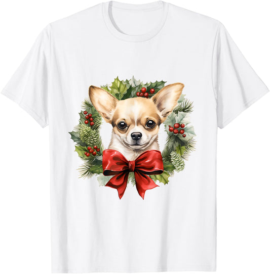 Chihuahua Christmas Wreath Decoration Xmas Pajamas T-Shirt - T-Shirt | White
