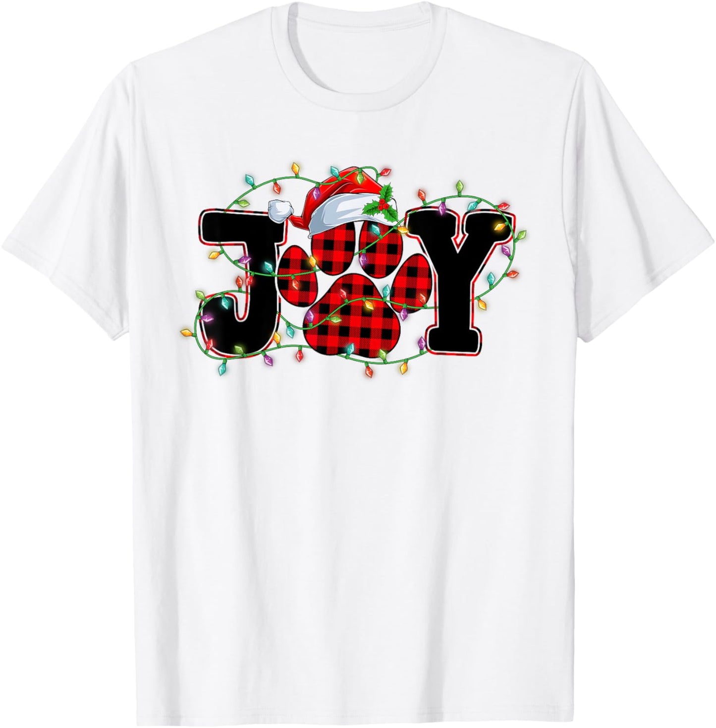 Funny Joy Dog Cat Paws Print Red Plaid Santa Hat Christmas Men Women Kids T-Shirt - T-Shirt | White