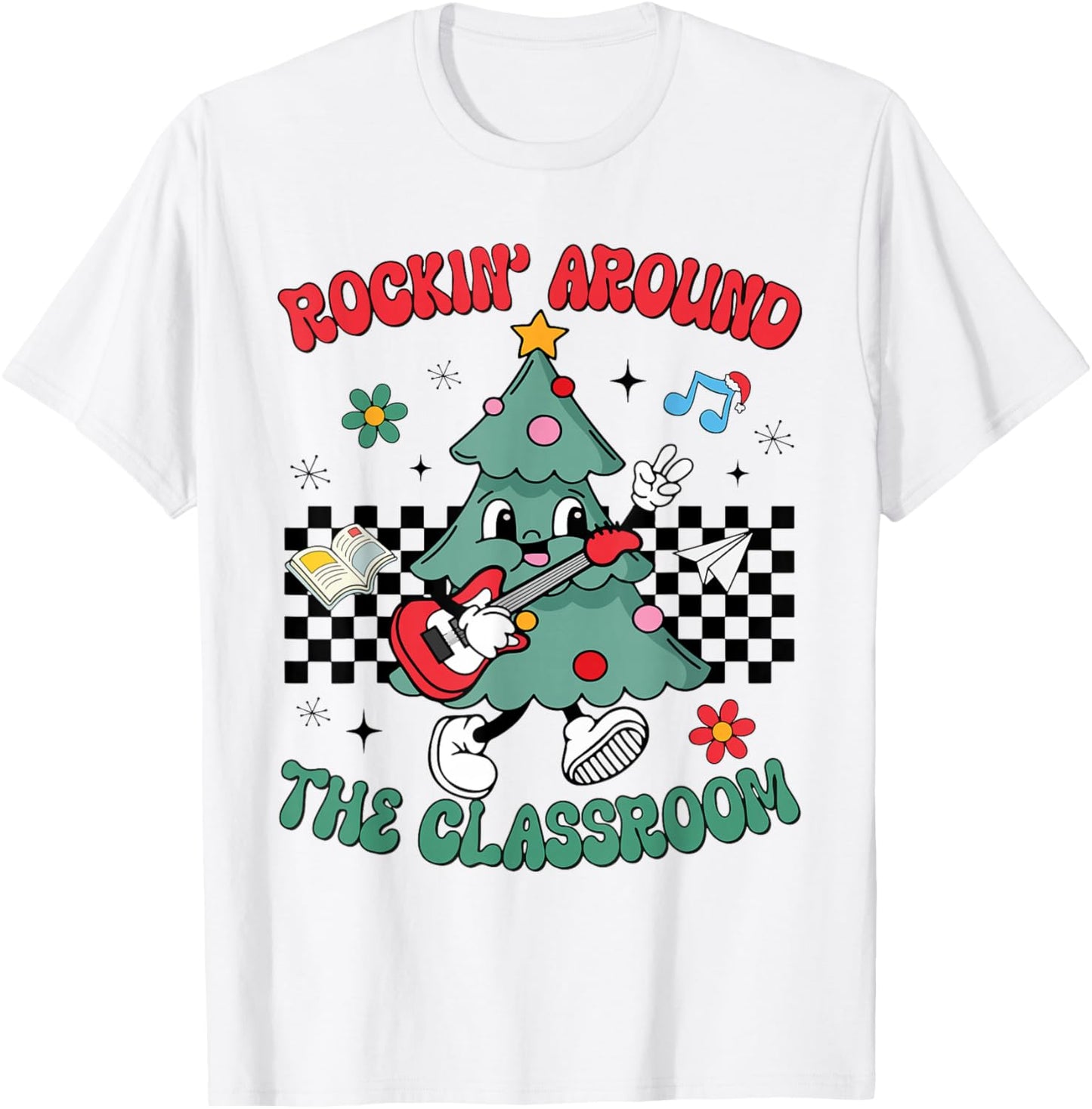 Retro Teacher Christmas Tree Rockin Around The Classroom T-Shirt - T-Shirt | White