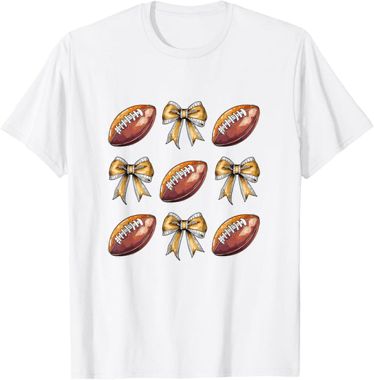 Funny Game Day Football Retro Coquette Bow Football Mama T-Shirt - T-Shirt | White