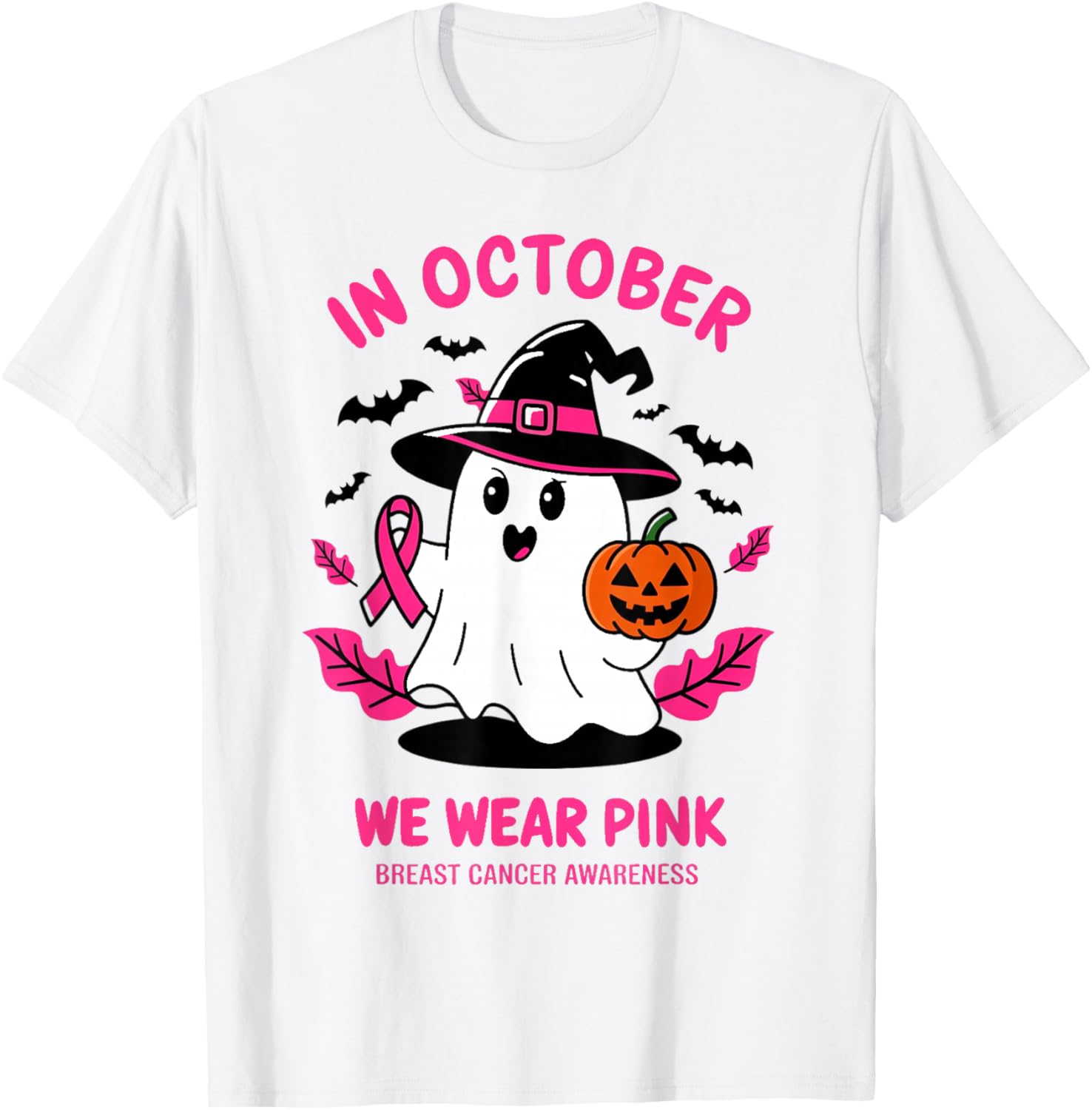 In October We Wear Pink Breast Cancer Awareness Halloween T-Shirt - T-Shirt | White
