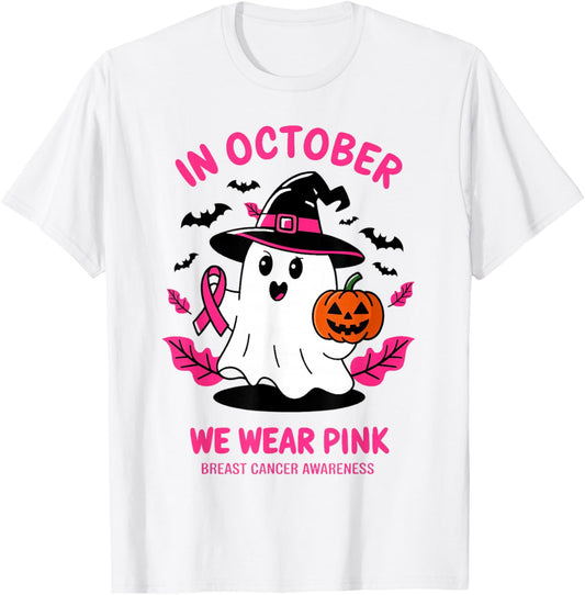 In October We Wear Pink Breast Cancer Awareness Halloween T-Shirt - T-Shirt | White