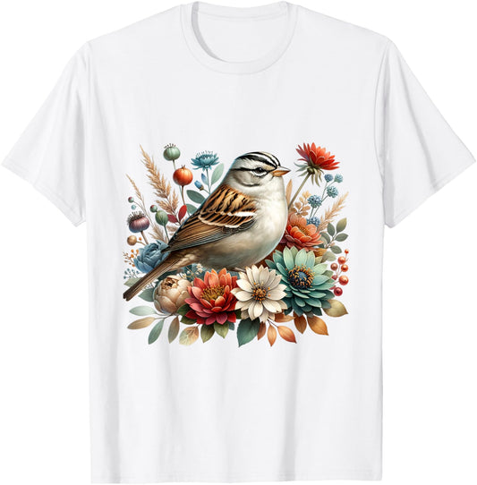 White-crowned Sparrow Vintage Floral Autumn Bird T-Shirt - T-Shirt | White