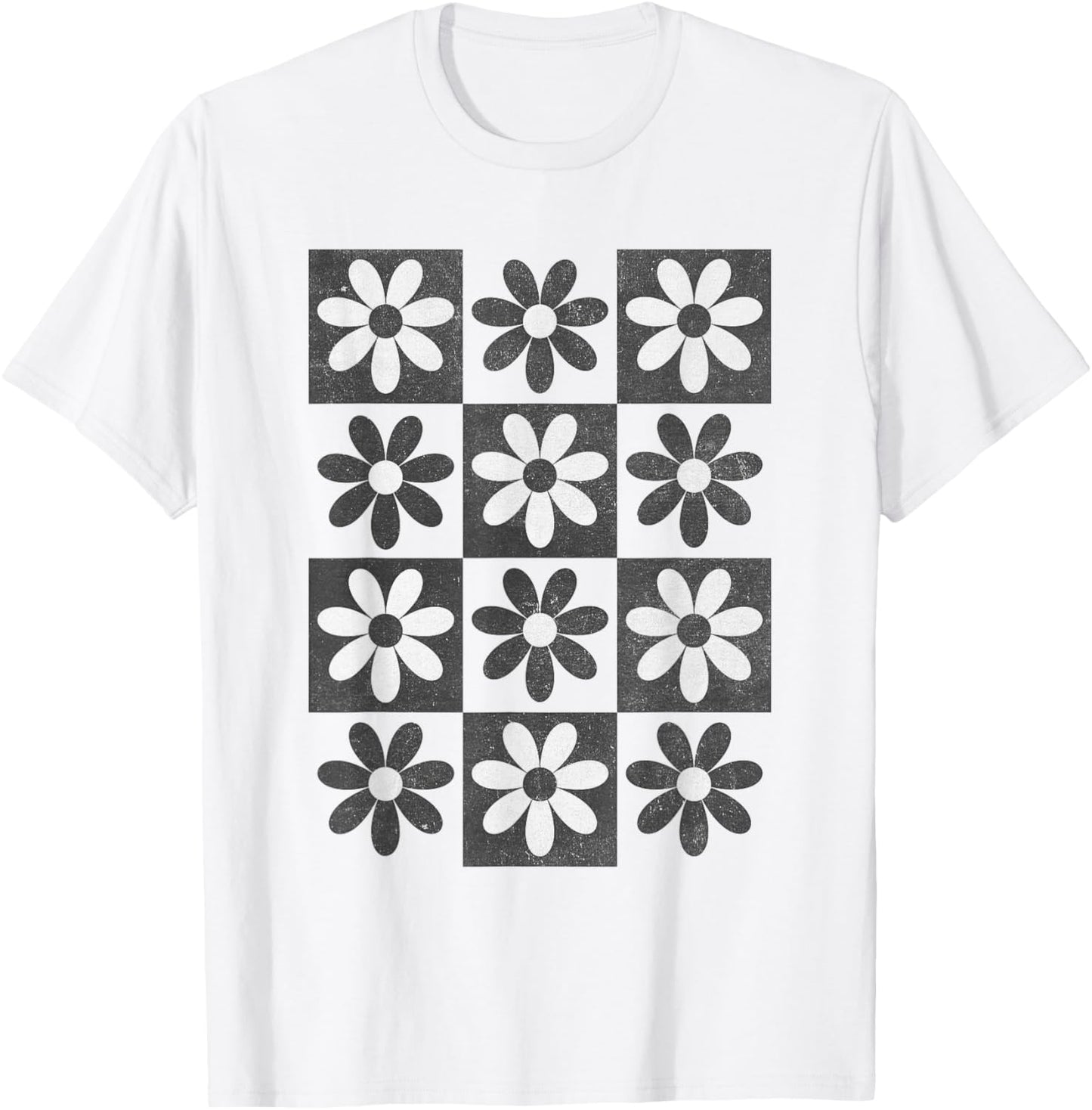 Retro Checkerboard Checkered Boho Flowers Floral T-Shirt - T-Shirt | White