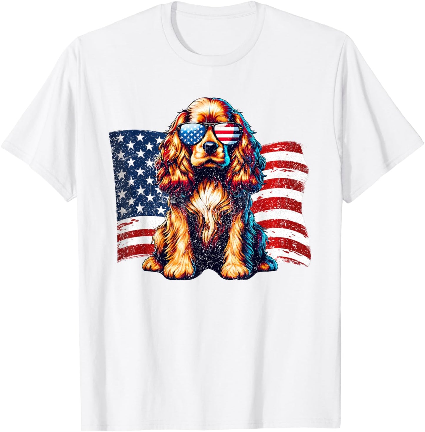 Cocker Spaniel American Flag Sunglasses Patriotic Vintage T-Shirt - T-Shirt | White