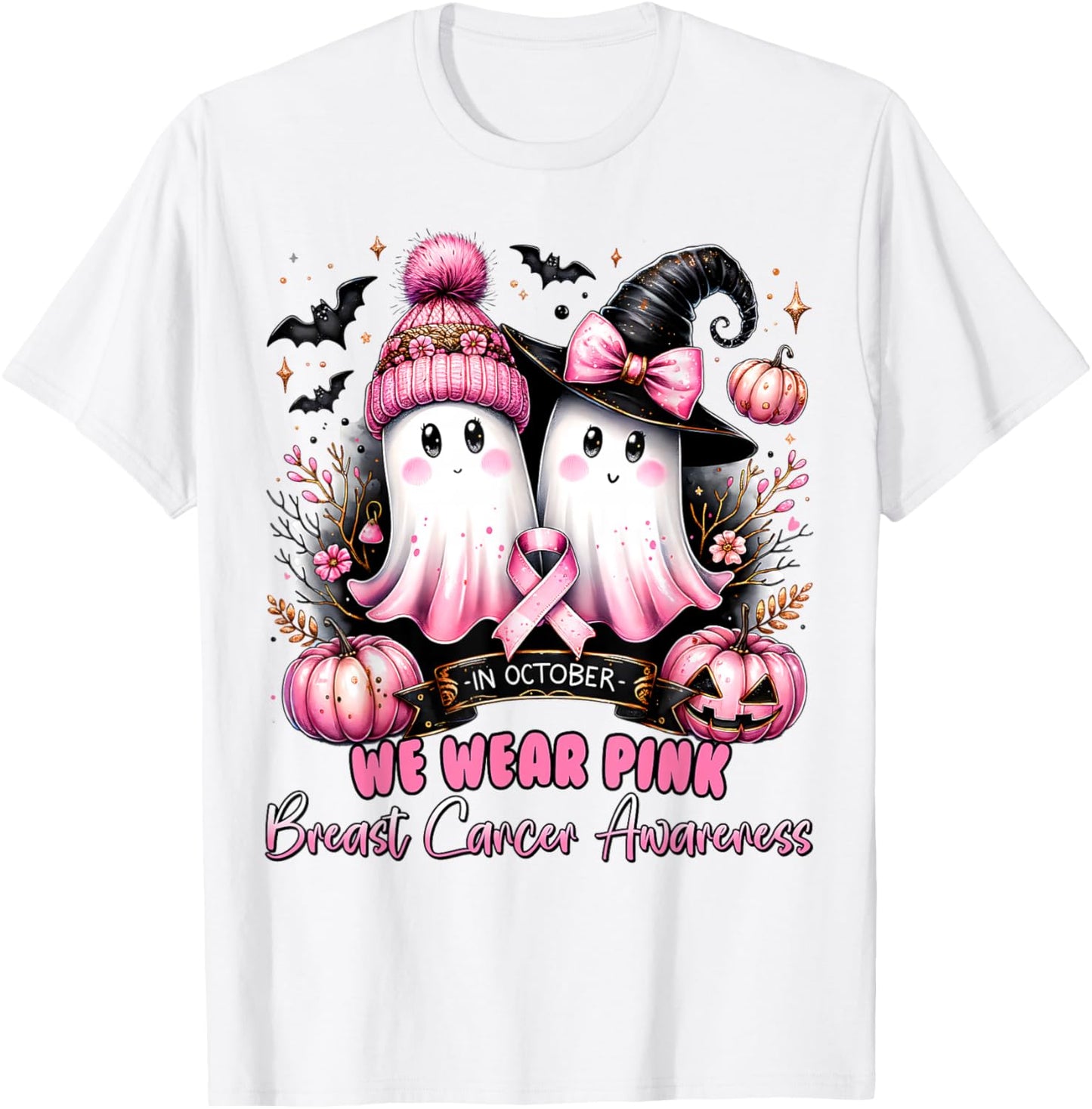 In October We Wear Pink Ghost Witch Breast Cancer Awareness T-Shirt - T-Shirt | White