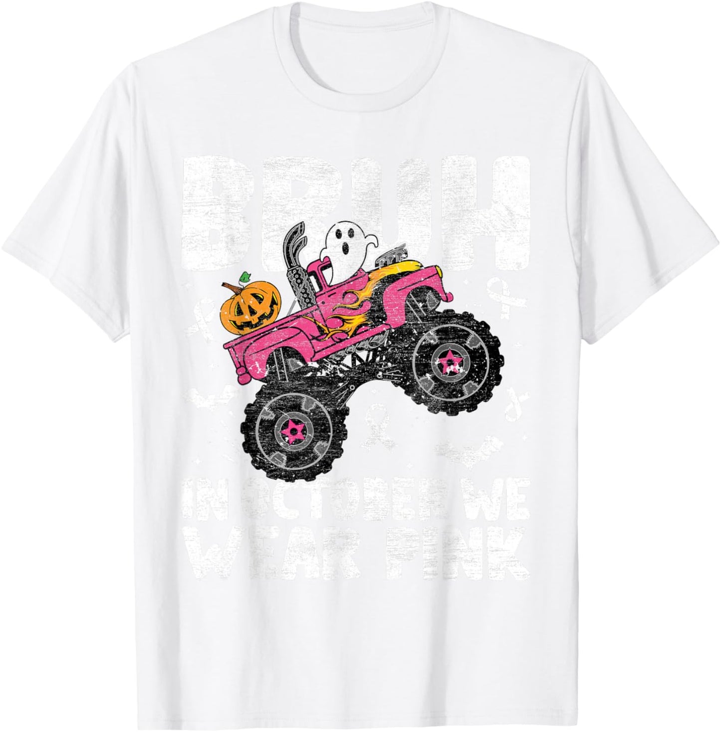 Bruh In October Wear Pink Breast Cancer Halloween Kids Boys T-Shirt - T-Shirt | White