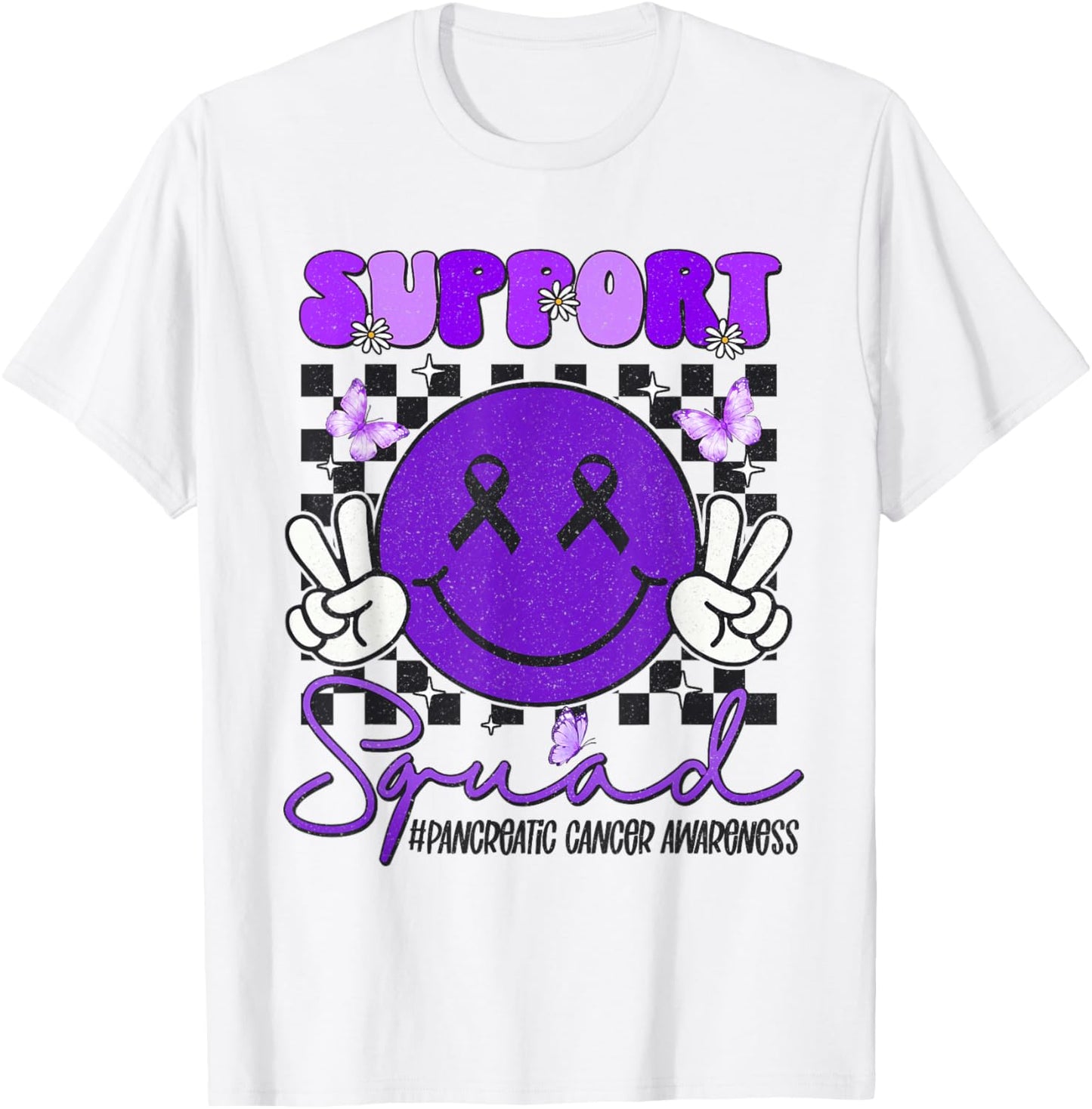 Support Pancreatic Cancer Awareness Smile Face Purple Ribbon T-Shirt - T-Shirt | White
