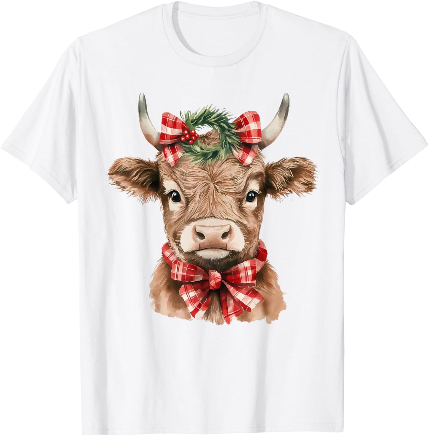 Christmas Highland Cow Cute Moo Cow Coquette Xmas Women Kids T-Shirt - T-Shirt | White