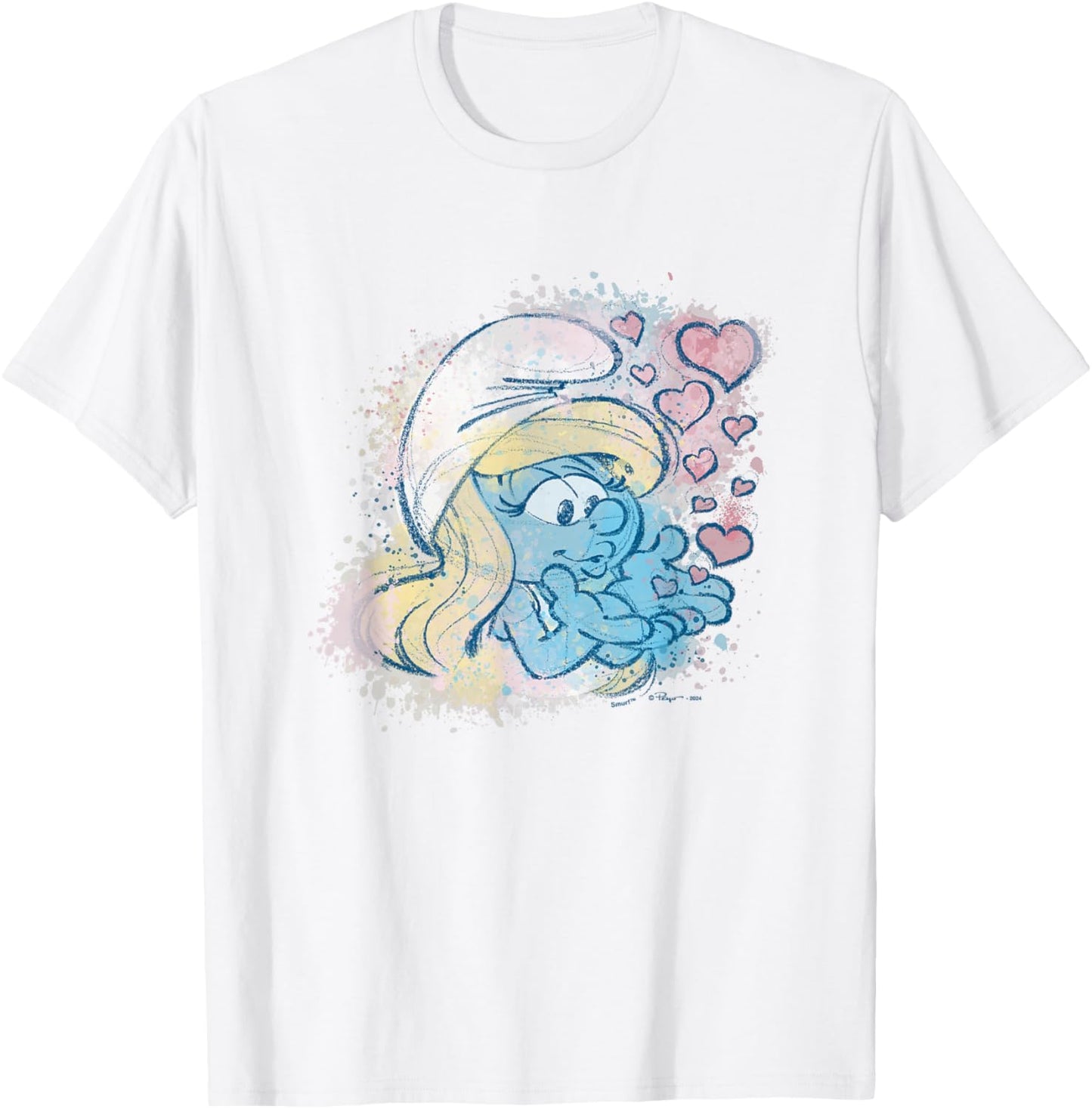 The Smurfs Smurfette Hearts Smurfin Kiss Retro Chest Logo T-Shirt - T-Shirt | White