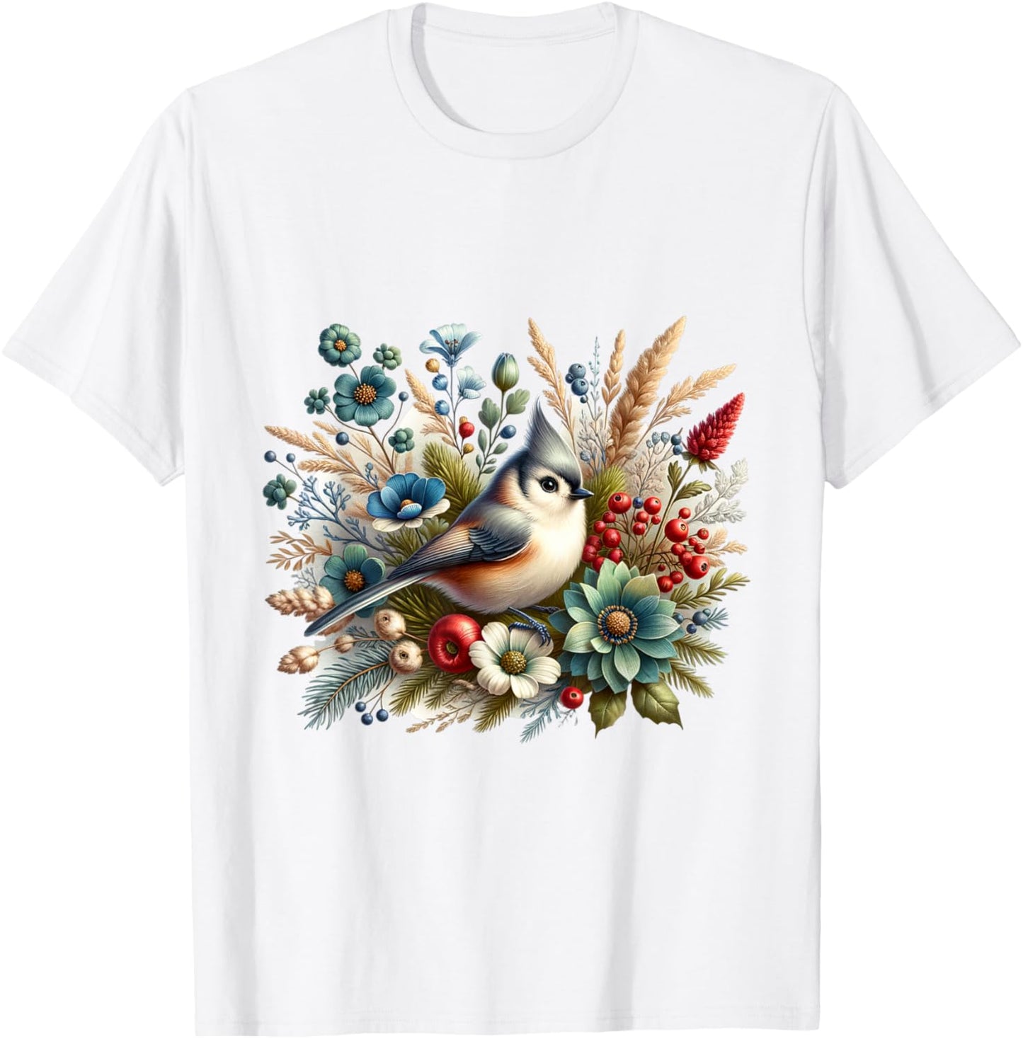 Tufted Titmouse Vintage Floral Wintery Bird T-Shirt - T-Shirt | White
