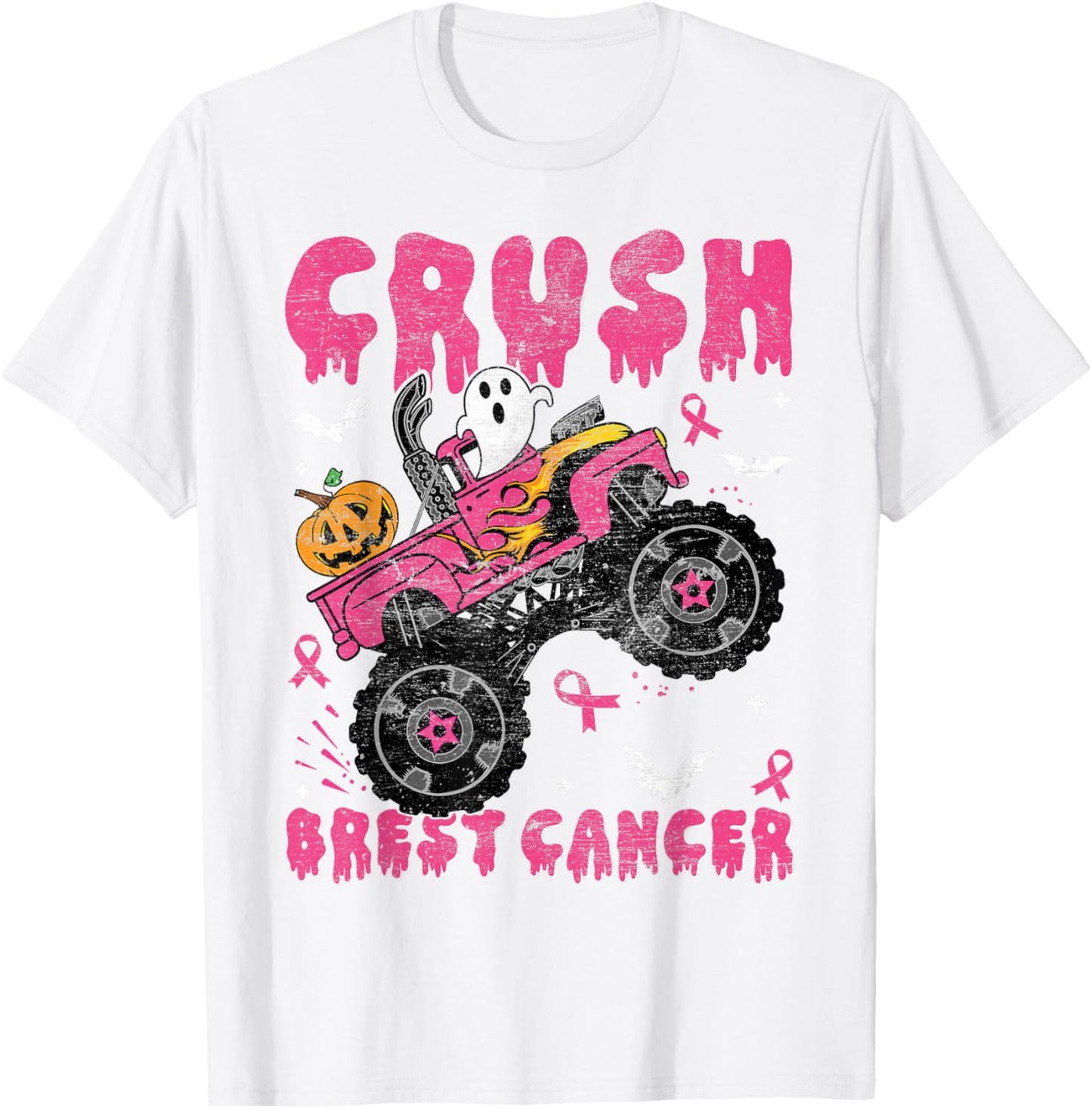 Halloween Monster Truck Crush Breast Cancer Awareness Kids T-Shirt - T-Shirt | White
