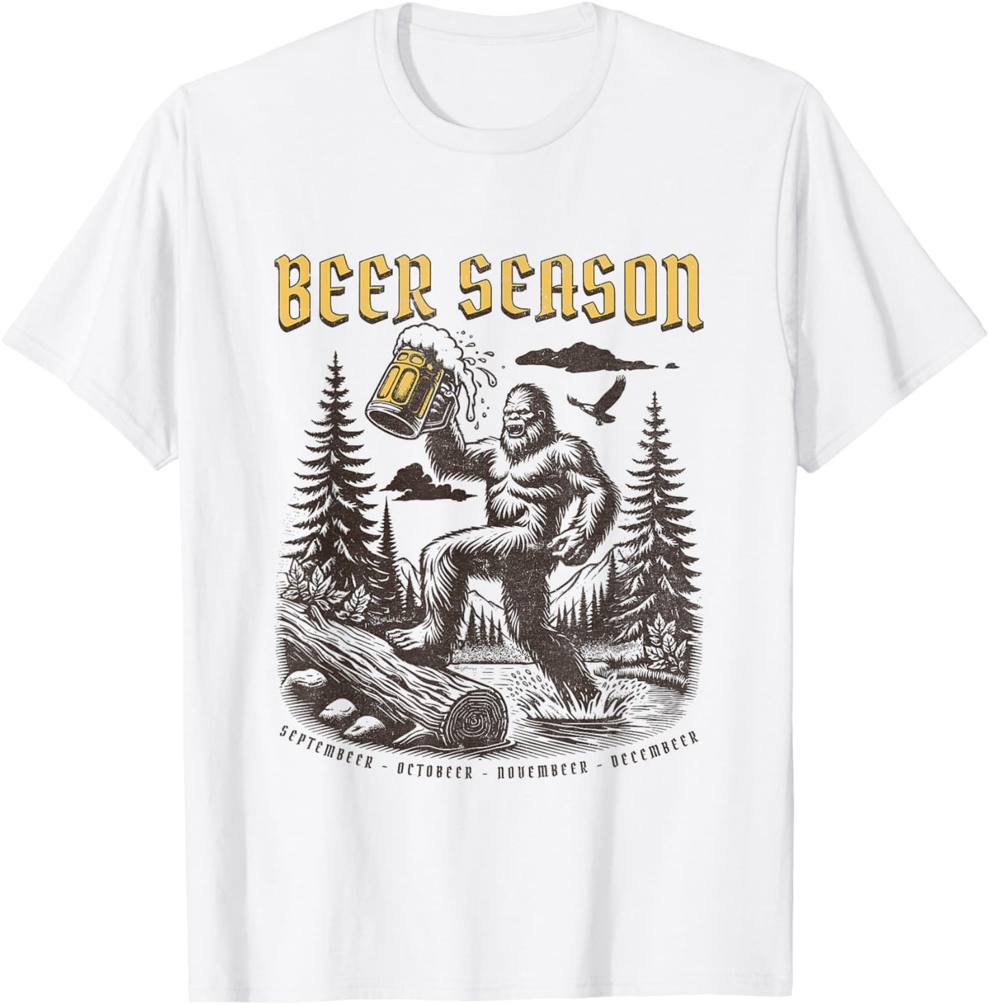 Funny Beer, Funny Big Foot Sasquatch Drinking, Beer Season T-Shirt - T-Shirt | White