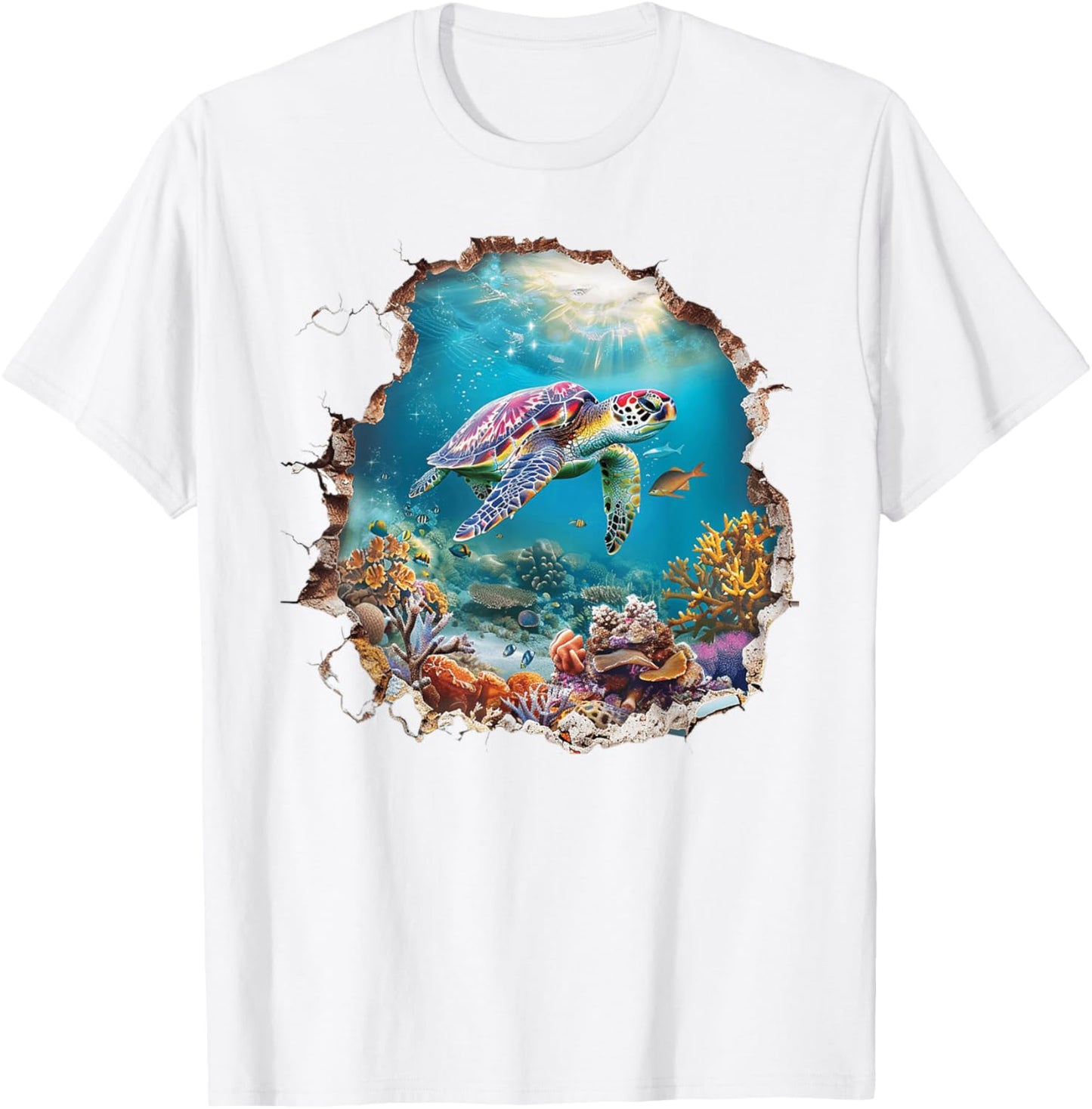 A 3D Hole In The Wall With A Turtle Swimming In A Sea T-Shirt - T-Shirt | White