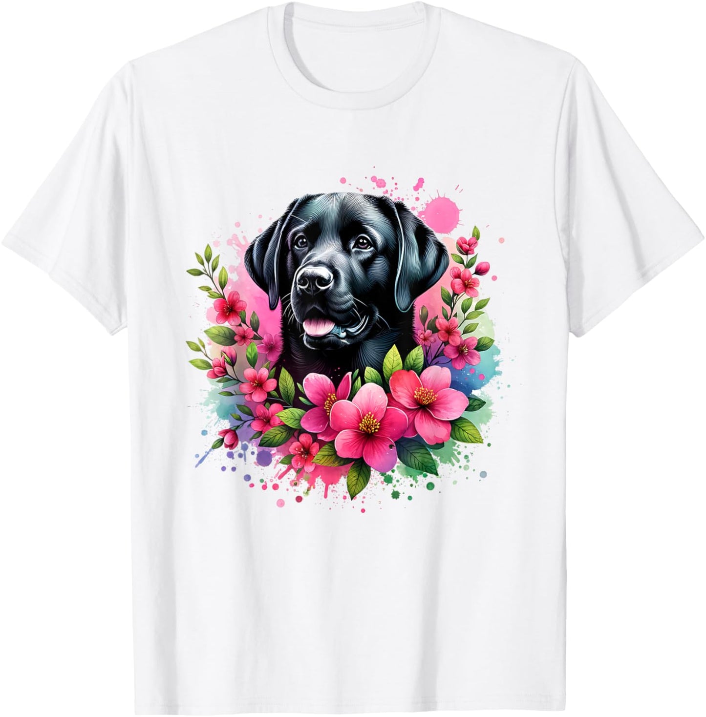 Watercolor Cute Black Labrador Dog Mom Pink Flowers Women Kids T-Shirt - T-Shirt | White