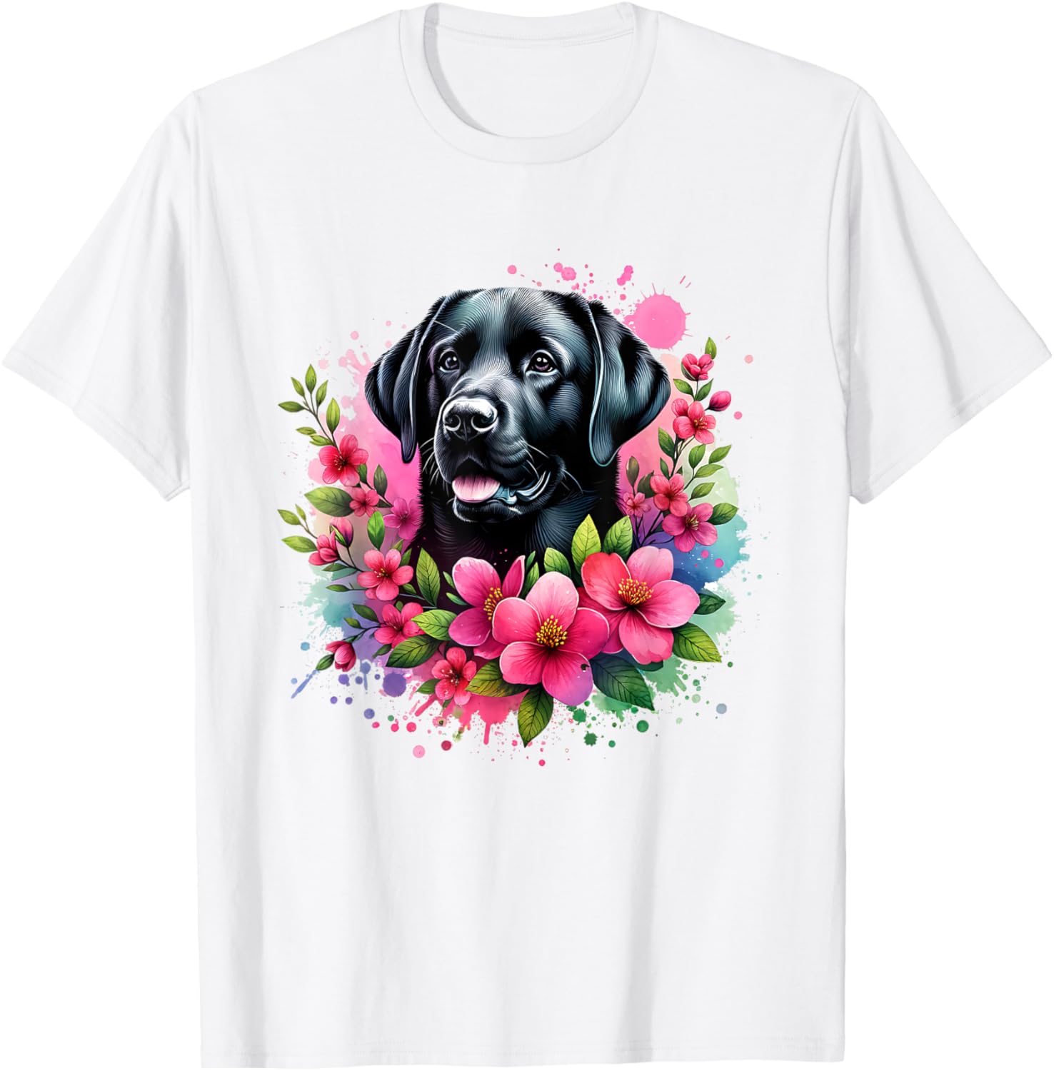 Watercolor Cute Black Labrador Dog Mom Pink Flowers Women Kids T-Shirt - T-Shirt | White