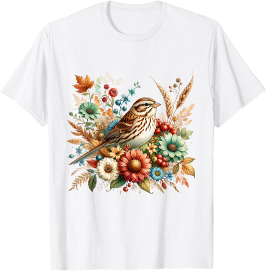Song Sparrow Vintage Floral Autumn Bird T-Shirt - T-Shirt | White