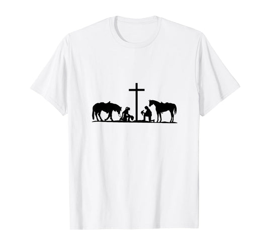 Western couple praying at cross with horses. cowboy. cowgirl T-Shirt