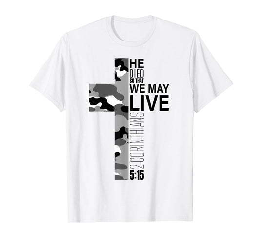 Christian Bible Verse Black White Camo Cross Easter Graphic T-Shirt