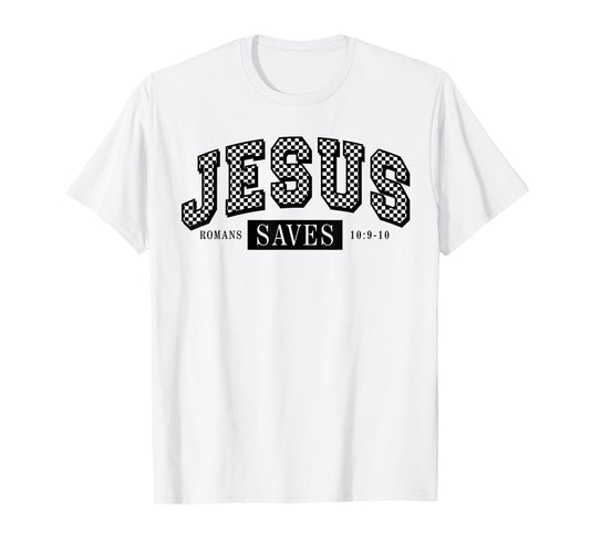 Checkered Jesus Saves Romans 10:9-10 Christian Religious T-Shirt