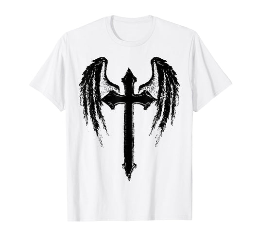 Angel Wings Jesus Christ Cross Christian Graphic Black T-Shirt