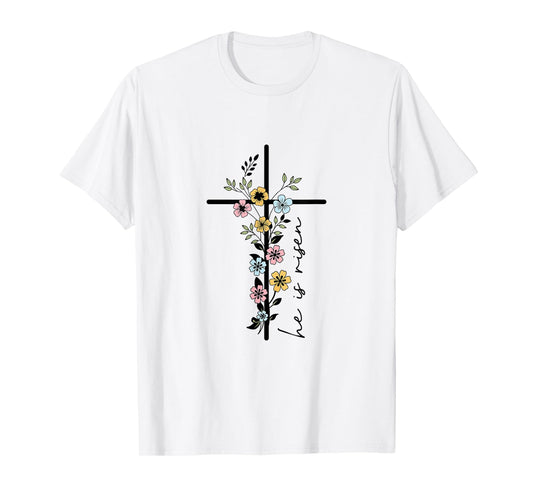 He Is Risen Floral Cross Women Easter Christian T-Shirt