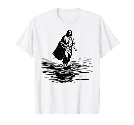 Jesus Walking On Water Bold Black and White Christian Art T-Shirt