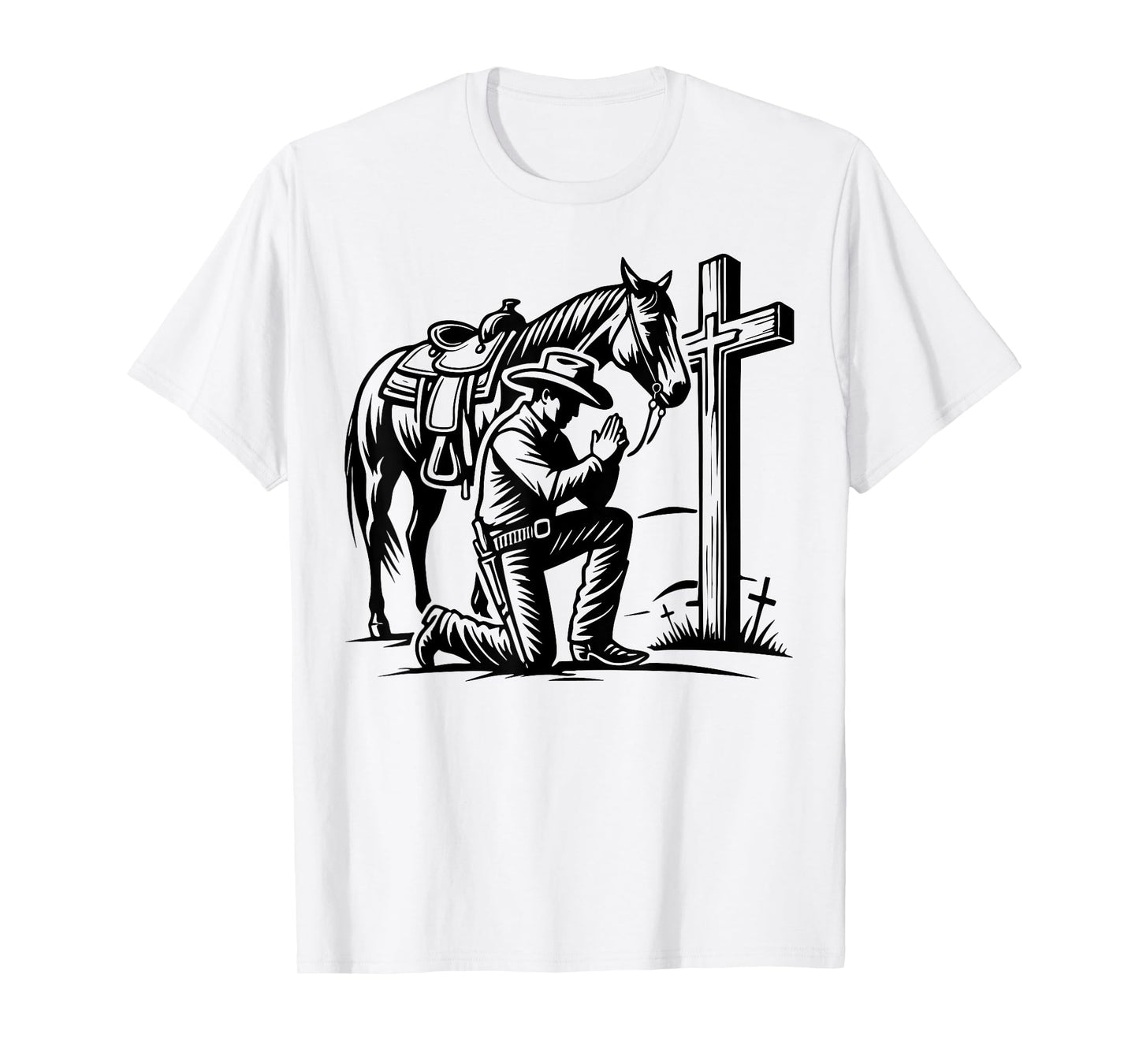 Cowboy Praying, Western Theme, Horse and Cross, Faith T-Shirt