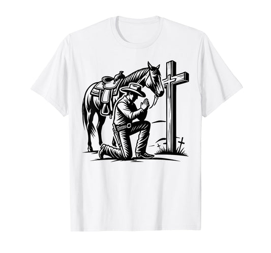 Cowboy Praying, Western Theme, Horse and Cross, Faith T-Shirt