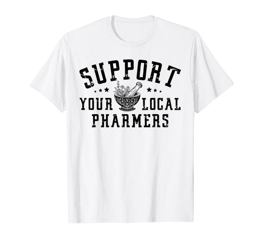 Pharmacology Lovers - Support Your Local Pharmers, Cute Pharmacy Tech Pharmer Unisex-Adults Grey Short Sleeve Classic Fit Crew Neck T-Shirt