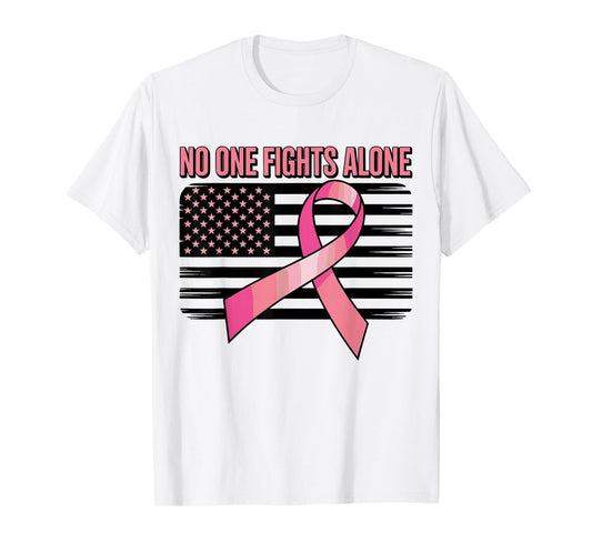 No One Fights Breast Cancer Alone American Flag Pink Ribbon T-Shirt