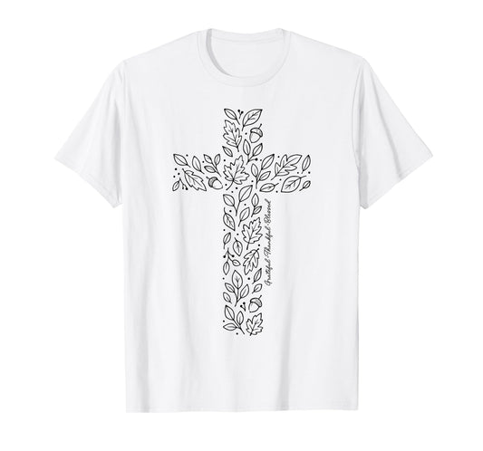Christian Cross Tee Autumn Leaves Grateful Thankful Blessed T-Shirt