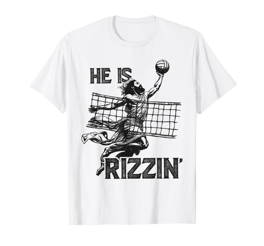 He Is Rizzin Funny Jesus Playing Volleyball Player Easter T-Shirt