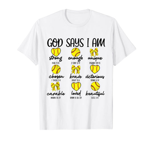 Coquette Bows God Say I Am Christian Softball Bible Verse T-Shirt