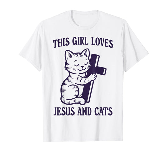 Christian This Girl Loves Jesus and Cats Cat Hugging Cross T-Shirt