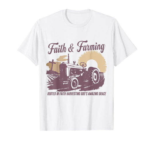Vintage Tractor Faith & Farming Rooted In Faith Harvesting T-Shirt
