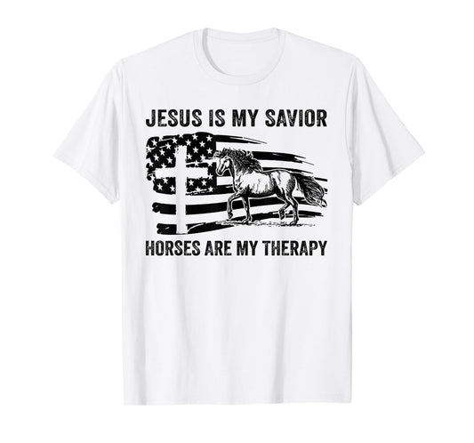 Jesus Is My Savior Horses Are My Therapy Flag Cross T-Shirt