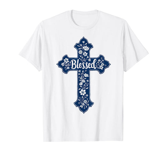 Christian Faith Cross Blue Toile Chinoiserie Floral T-Shirt