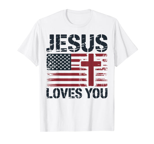 Mens Jesus Loves You American Flag Christian Patriotic Cross T-Shirt
