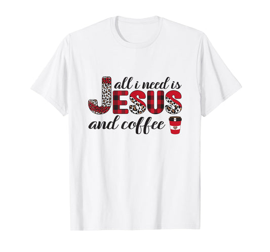 All I Need is Jesus and Coffee Plaid Leopard Print Christian T-Shirt