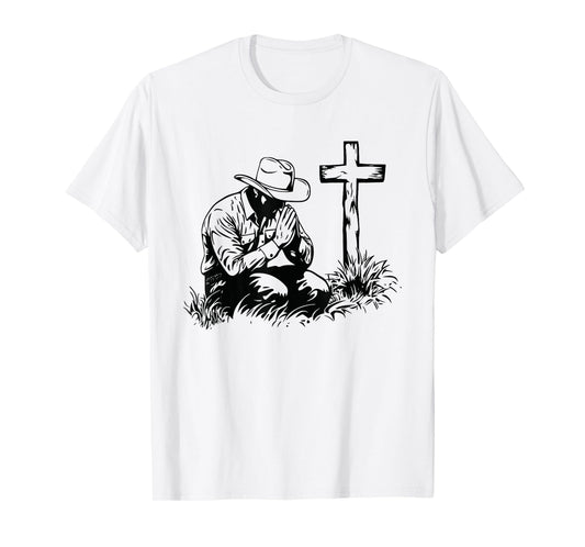 Praying Cowboy Kneeling Cross Western Bible Jesus Horse T-Shirt