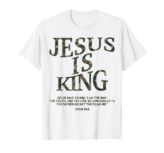 Camo Jesus Is King White Christian Youth Men God Son Brother T-Shirt