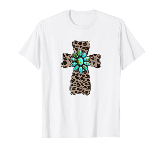 Leopard Cross With Turquoise Southern Western Christian T-Shirt