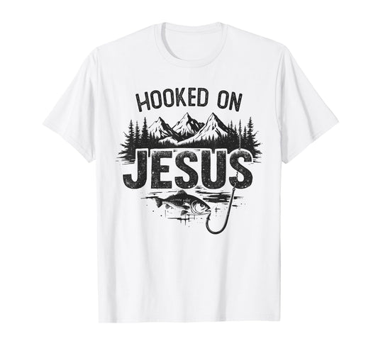 Hooked On Jesus Fishing Christian Fisherman Religious T-Shirt
