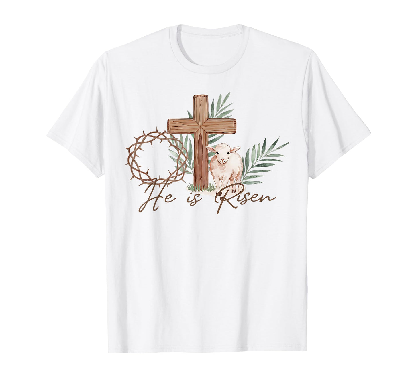 Religious Easter Cross He is Risen Thorns Palm Lamb Christ T-Shirt