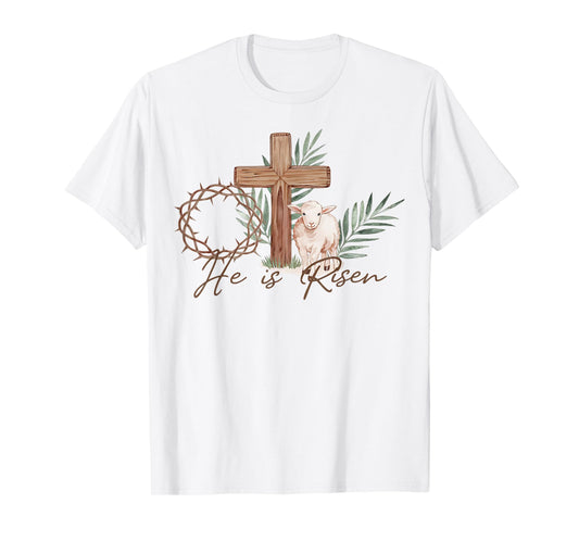 Religious Easter Cross He is Risen Thorns Palm Lamb Christ T-Shirt