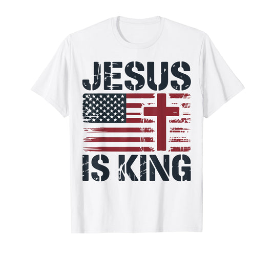 Mens Jesus is King American Flag Christian Patriotic Cross T-Shirt