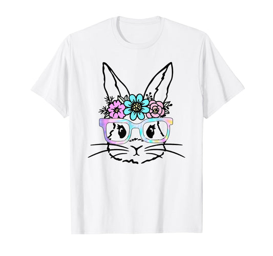 Cute Bunny Rabbit Face Tie Dye Glasses Girl Happy Easter Day T-Shirt