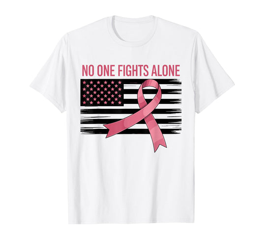 No One Fights Breast Cancer Alone American Flag Pink Ribbon T-Shirt